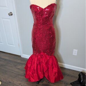 Nadine Glamorous Scarlet Red Sequin Strapless Maxi Mermaid 80s Dress Size Small